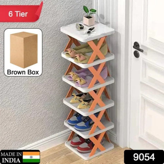 6-tier shoe rack with shoes on a white wall background, featuring a brown box icon and 'Made in India' label.